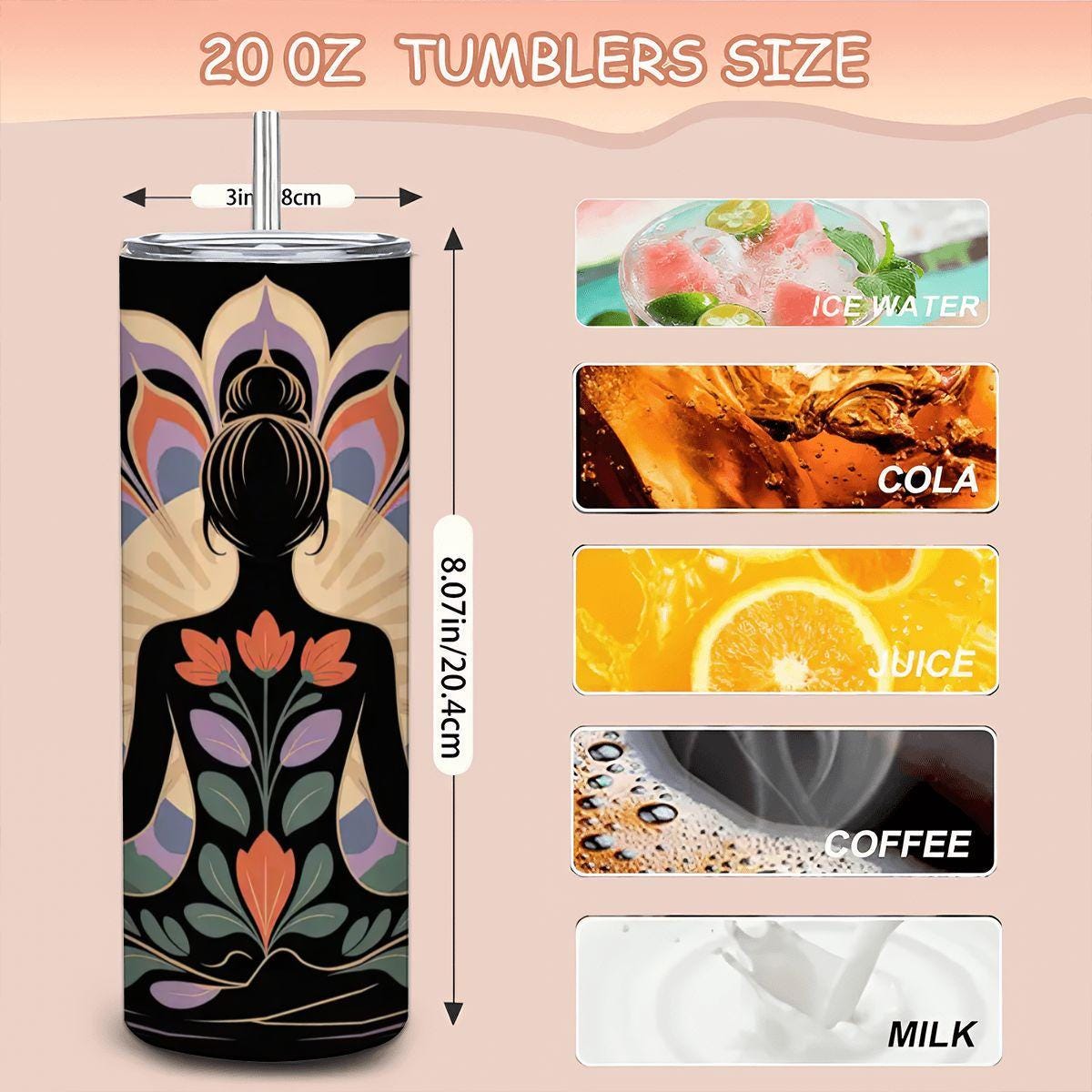 ColorFlow | Floral Lotus Yoga Tumbler | 20oz Stainless Steel Cup with Straw | Mindfulness Art Mug | Meditation Gift