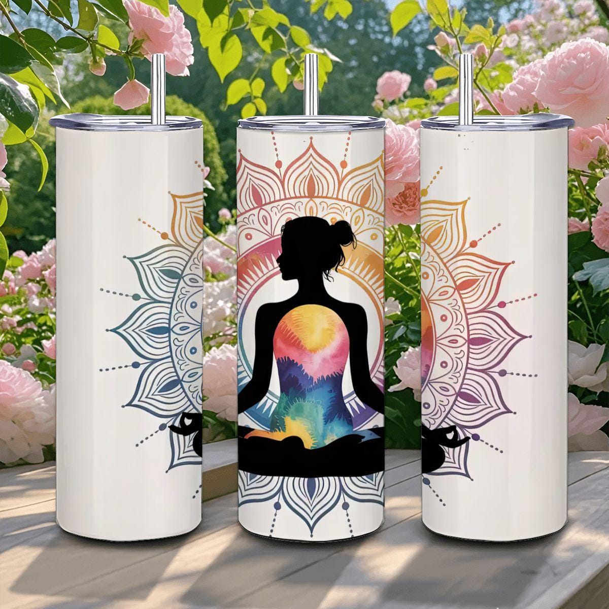 ColorFlow | Chakra Energy Mandala Tumbler | 20oz Stainless Steel Yoga Cup with Straw | Mindfulness Gift | Meditation Art