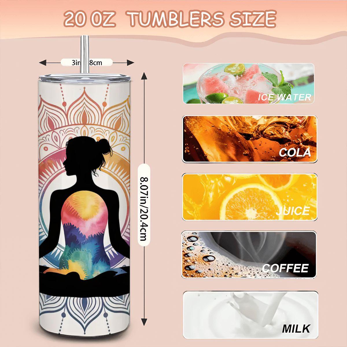 ColorFlow | Chakra Energy Mandala Tumbler | 20oz Stainless Steel Yoga Cup with Straw | Mindfulness Gift | Meditation Art