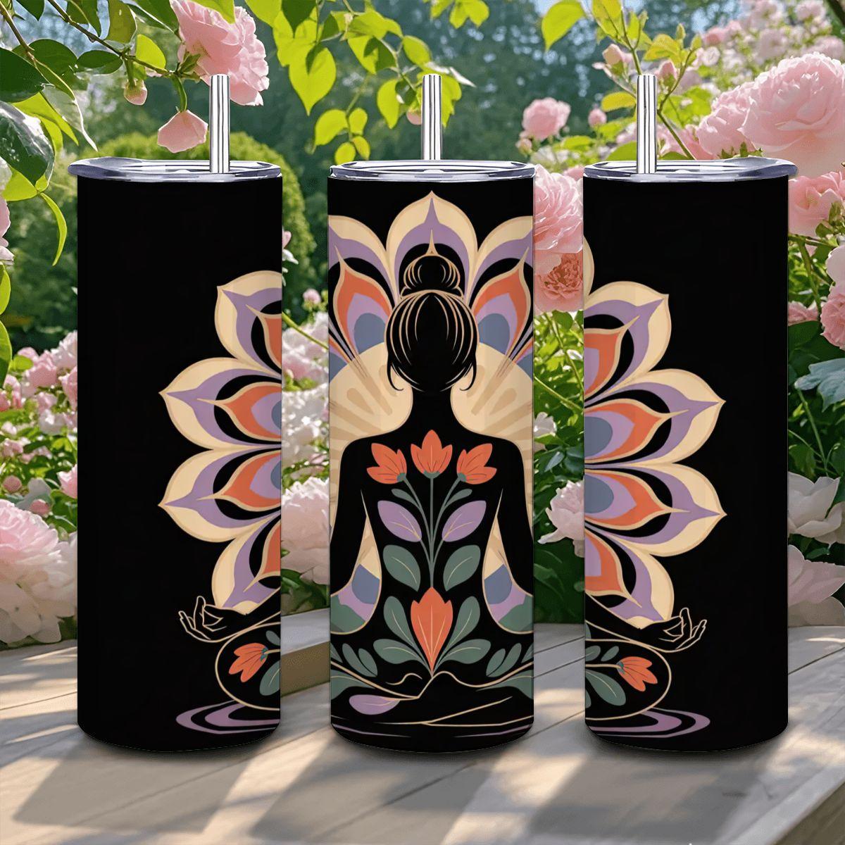 ColorFlow | Floral Lotus Yoga Tumbler | 20oz Stainless Steel Cup with Straw | Mindfulness Art Mug | Meditation Gift