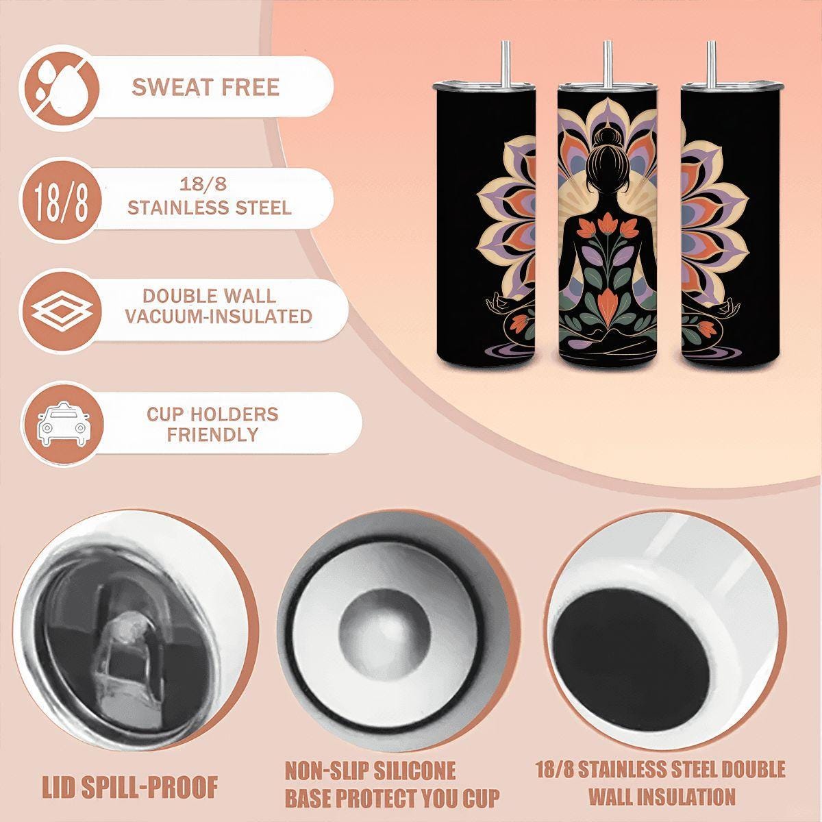 ColorFlow | Floral Lotus Yoga Tumbler | 20oz Stainless Steel Cup with Straw | Mindfulness Art Mug | Meditation Gift